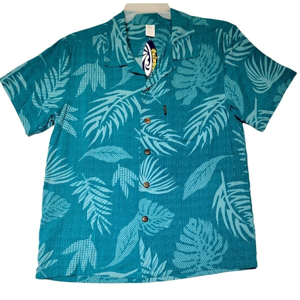 Palmwave Hawaii Shirt Mens Small Teal Tropical Leaf Rayon Short Sleeve Button Up